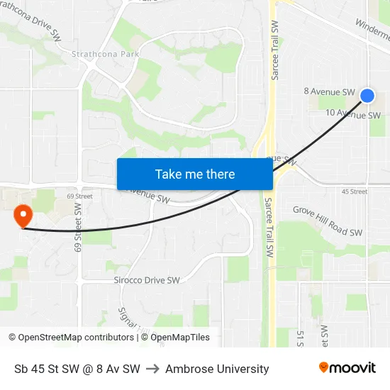 Sb 45 St SW @ 8 Av SW to Ambrose University map