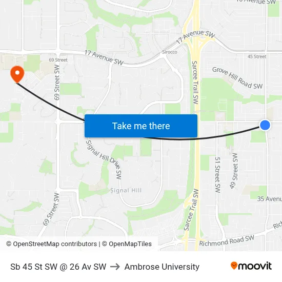 Sb 45 St SW @ 26 Av SW to Ambrose University map