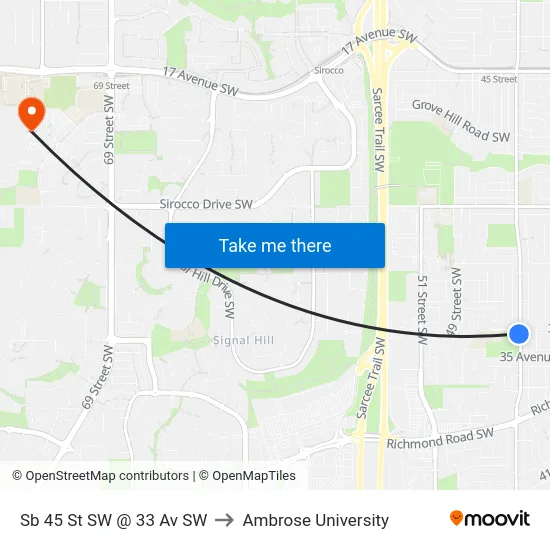 Sb 45 St SW @ 33 Av SW to Ambrose University map