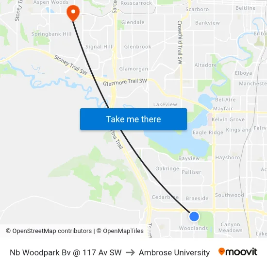 Nb Woodpark Bv @ 117 Av SW to Ambrose University map