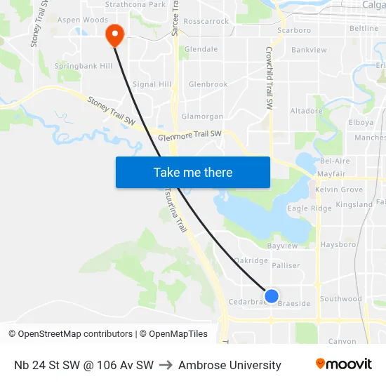 Nb 24 St SW @ 106 Av SW to Ambrose University map