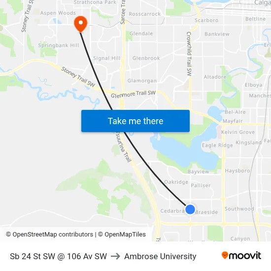 Sb 24 St SW @ 106 Av SW to Ambrose University map