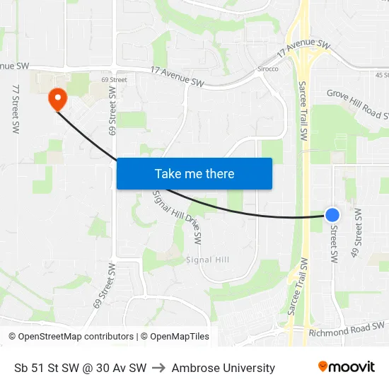 Sb 51 St SW @ 30 Av SW to Ambrose University map