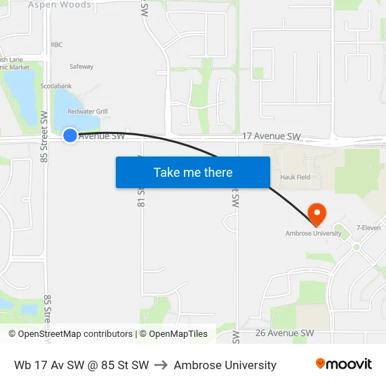 Wb 17 Av SW @ 85 St SW to Ambrose University map