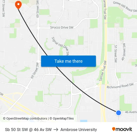 Sb 50 St SW @ 46 Av SW to Ambrose University map