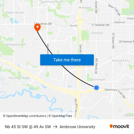 Nb 45 St SW @ 49 Av SW to Ambrose University map