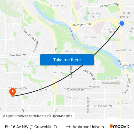 Eb 16 Av NW @ Crowchild Tr NW to Ambrose University map