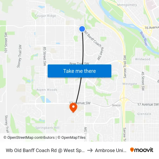 Wb Old Banff Coach Rd @ West Springs Ga SW to Ambrose University map