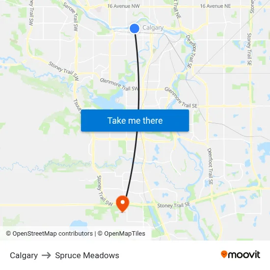 Calgary to Spruce Meadows map