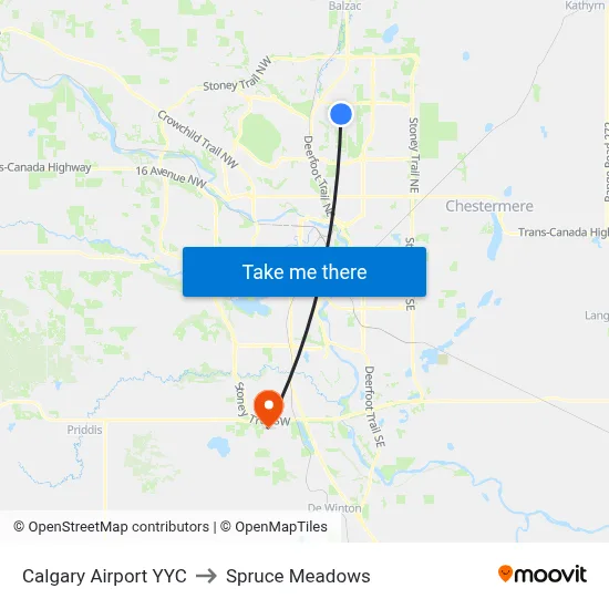 Calgary Airport YYC to Spruce Meadows map