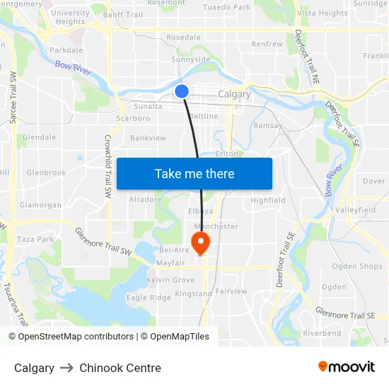 Calgary to Chinook Centre map