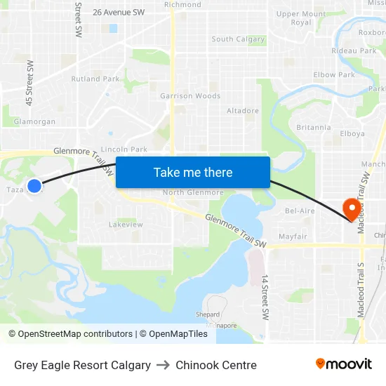 Grey Eagle Resort Calgary to Chinook Centre map