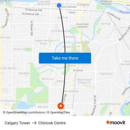 Calgary Tower to Chinook Centre map