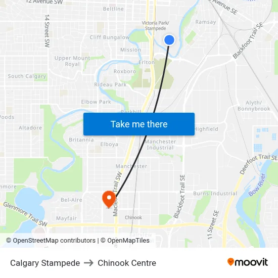 Calgary Stampede to Chinook Centre map