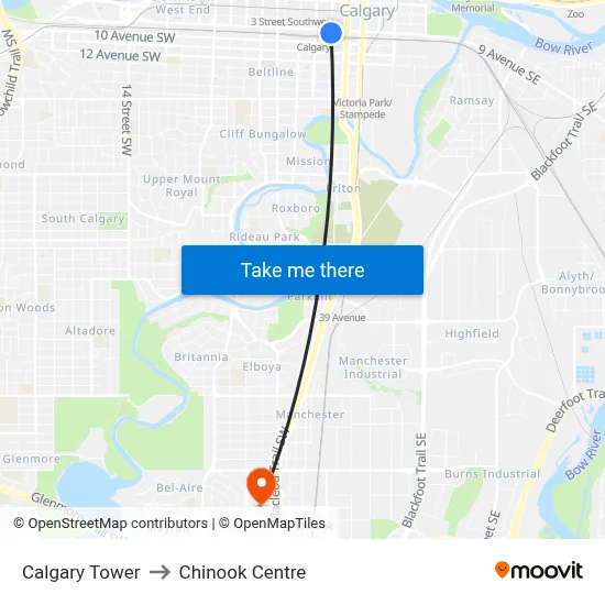 Calgary Tower to Chinook Centre map