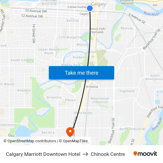 Marriot Calgary (Downtown) to Chinook Centre map