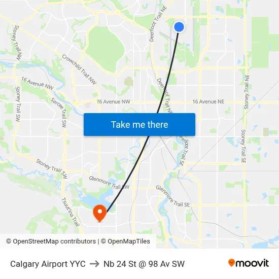 Calgary Airport YYC to Nb 24 St @ 98 Av SW map