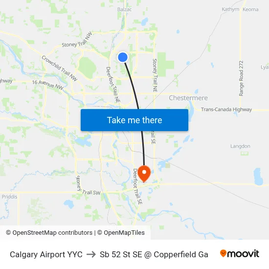 Calgary Airport YYC to Sb 52 St SE @ Copperfield Ga map