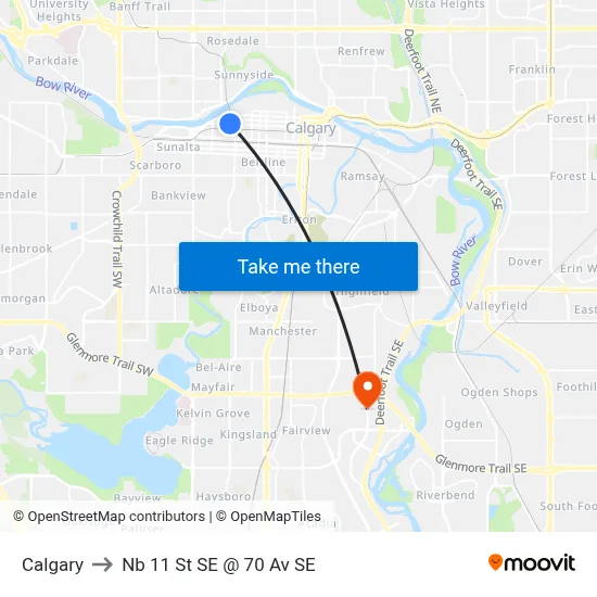 Calgary to Nb 11 St SE @ 70 Av SE map