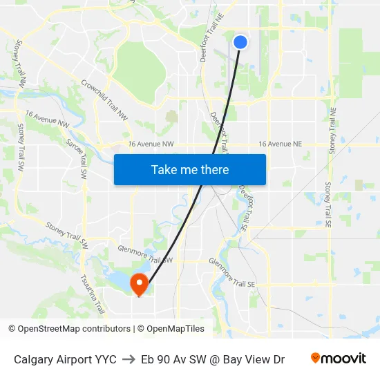 Calgary Airport YYC to Eb 90 Av SW @ Bay View Dr map