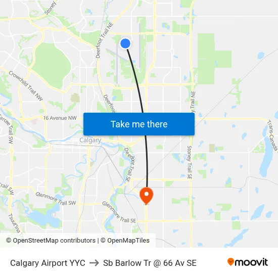 Calgary Airport YYC to Sb Barlow Tr @ 66 Av SE map