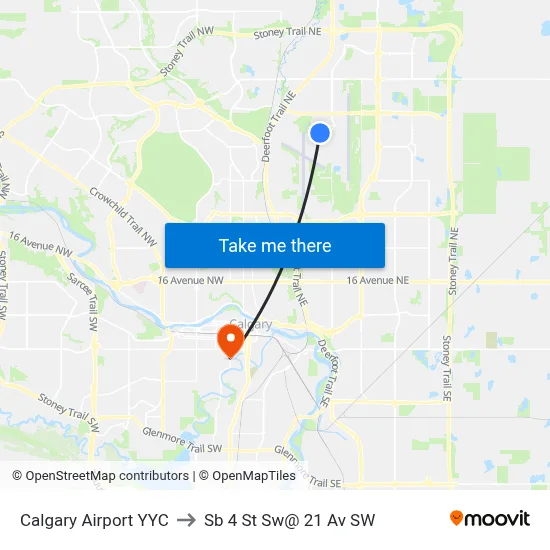 Calgary Airport YYC to Sb 4 St Sw@ 21 Av SW map