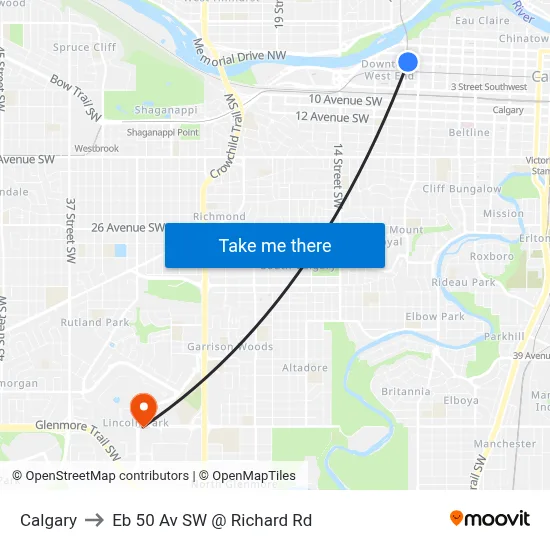 Calgary to Eb 50 Av SW @ Richard Rd map