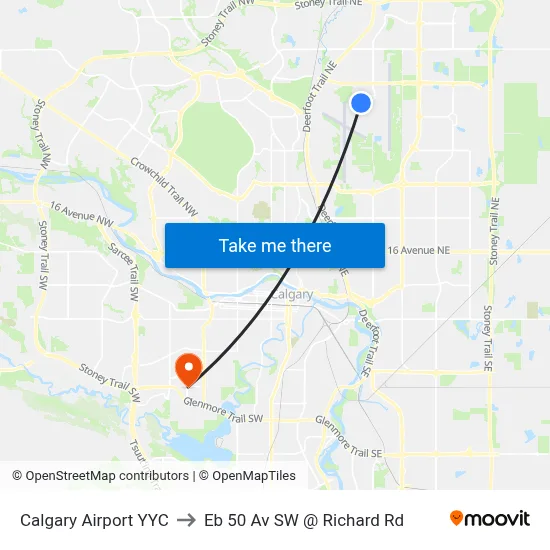 Calgary Airport YYC to Eb 50 Av SW @ Richard Rd map