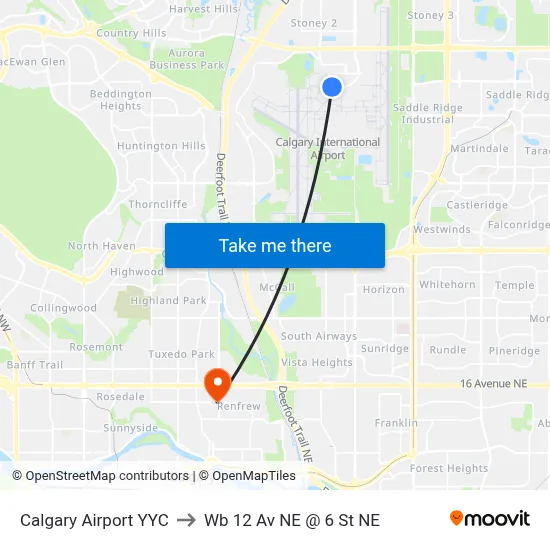 Calgary Airport YYC to Wb 12 Av NE @ 6 St NE map