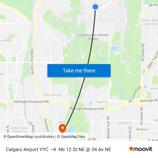 Calgary Airport YYC to Nb 12 St NE @ 34 Av NE map