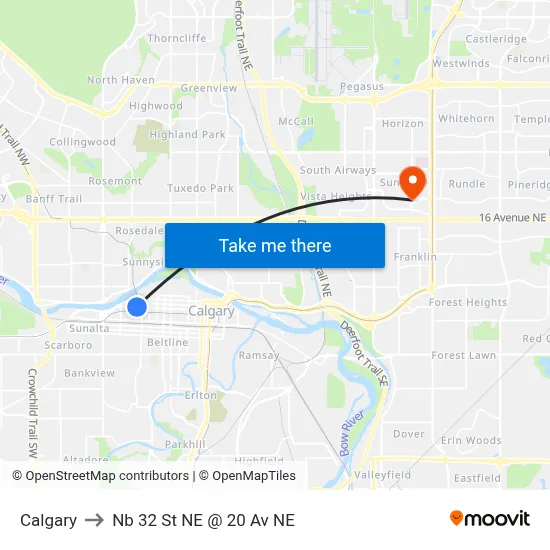 Calgary to Nb 32 St NE @ 20 Av NE map