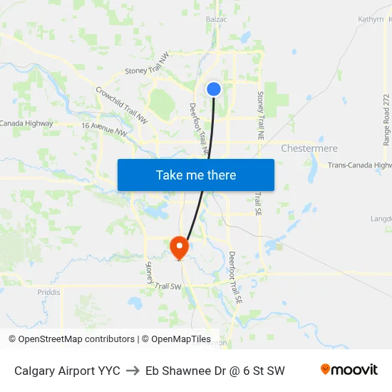 Calgary Airport YYC to Eb Shawnee Dr @ 6 St SW map