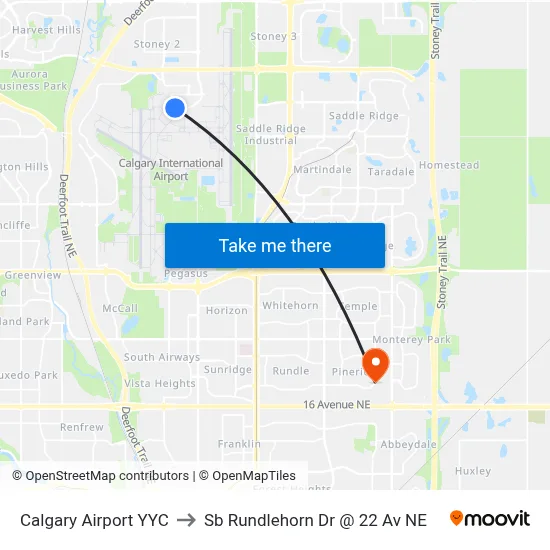 Calgary Airport YYC to Sb Rundlehorn Dr @ 22 Av NE map