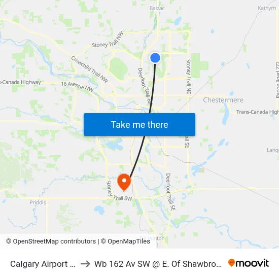 Calgary Airport YYC to Wb 162 Av SW @ E. Of Shawbrooke Rd map