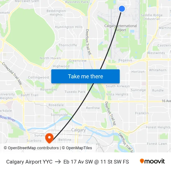 Calgary Airport YYC to Eb 17 Av SW @ 11 St SW FS map