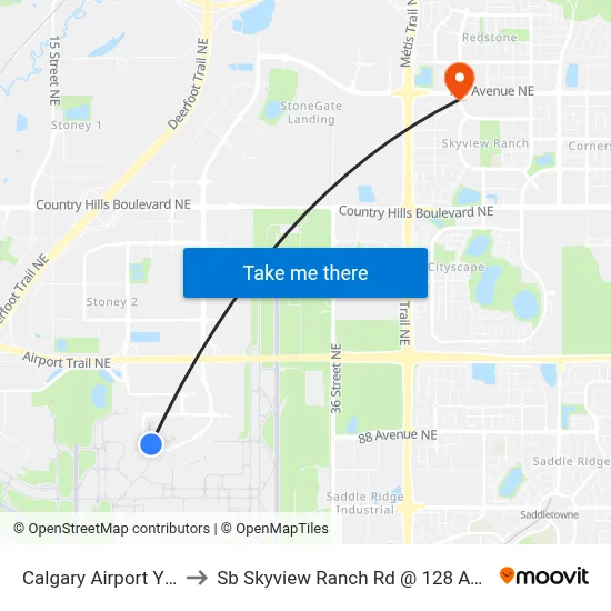 Calgary Airport YYC to Sb Skyview Ranch Rd @ 128 Av NE map