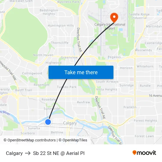 Calgary to Sb 22 St NE @ Aerial Pl map