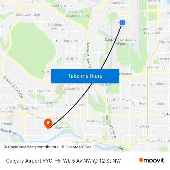 Calgary Airport YYC to Wb 5 Av NW @ 12 St NW map