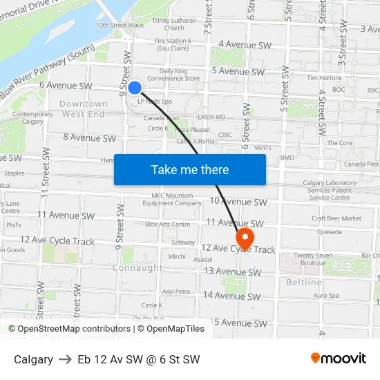 Calgary to Eb 12 Av SW @ 6 St SW map