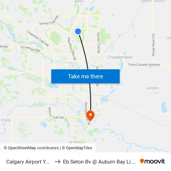 Calgary Airport YYC to Eb Seton Bv @ Auburn Bay Li SE map