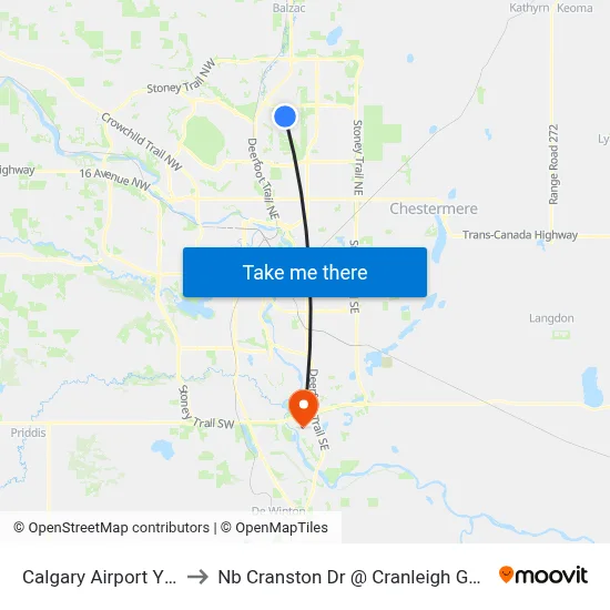 Calgary Airport YYC to Nb Cranston Dr @ Cranleigh Ga SE map