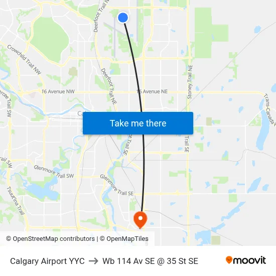 Calgary Airport YYC to Wb 114 Av SE @ 35 St SE map