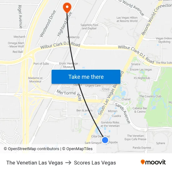 The Venetian Las Vegas to Scores Las Vegas map