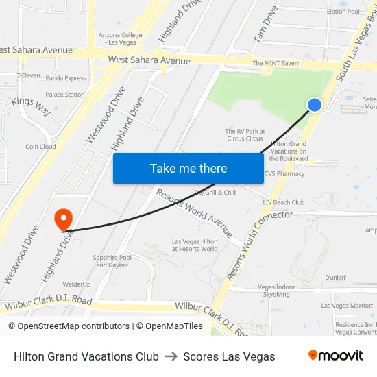 Hilton Grand Vacations Club to Scores Las Vegas map