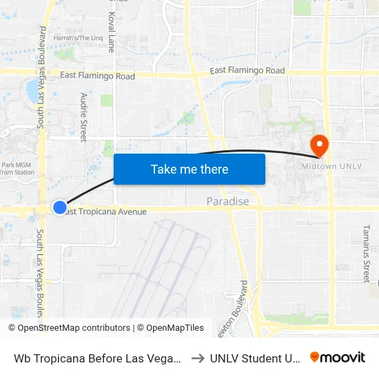 Wb Tropicana Before Las Vegas Blvd to UNLV Student Union map