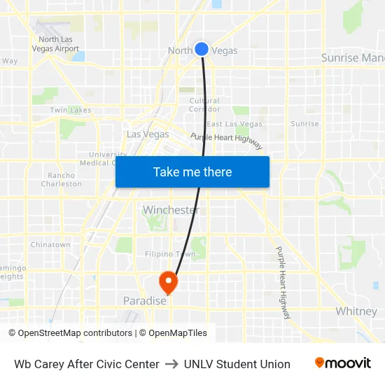 Wb Carey After Civic Center to UNLV Student Union map