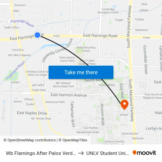 Wb Flamingo After Palos Verdes to UNLV Student Union map