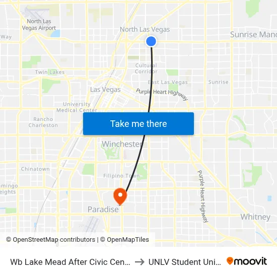 Wb Lake Mead After Civic Center to UNLV Student Union map
