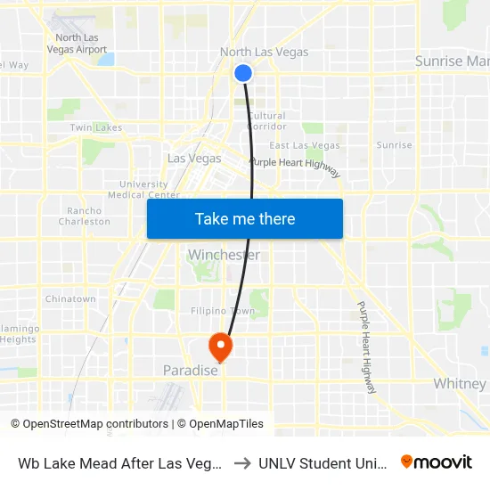 Wb Lake Mead After Las Vegas to UNLV Student Union map