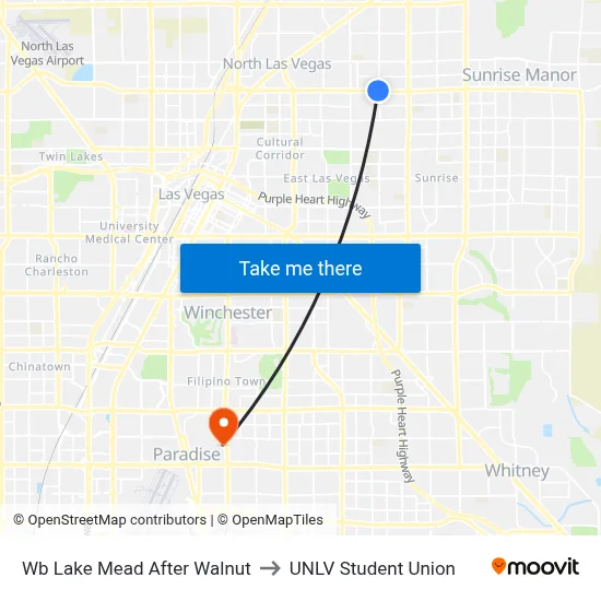 Wb Lake Mead After Walnut to UNLV Student Union map